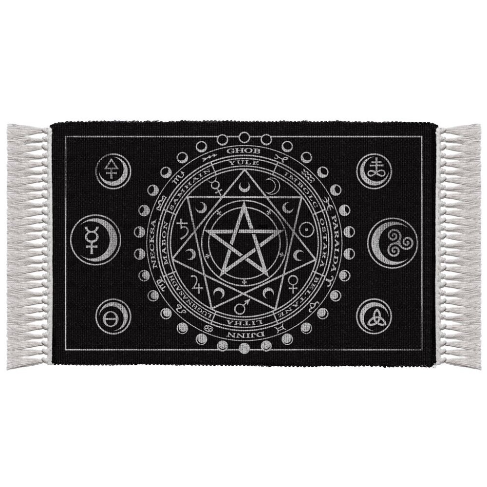 Black White Tasselled Hand Woven 38" X 20" Magic Carpet Astrology Area Rug NEW